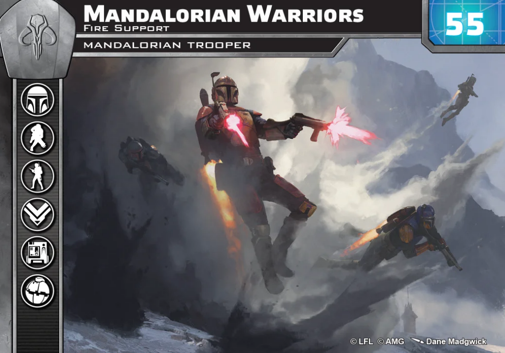 Card art for Mandalorian Warriors: Fire Support, showing Mandalorian troopers leaping through a snowy battle and firing energy blasts.