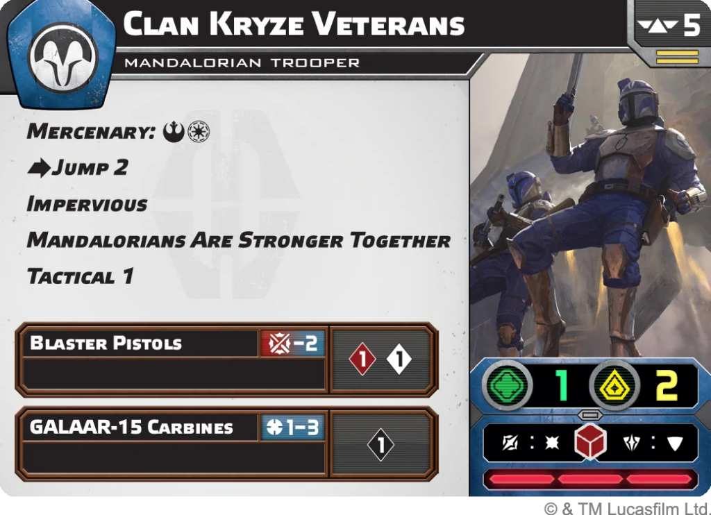 Clan Kryze Veterans game screen with Mandalorian troopers, unit cards and action stats on the left, battlefield image on the right.