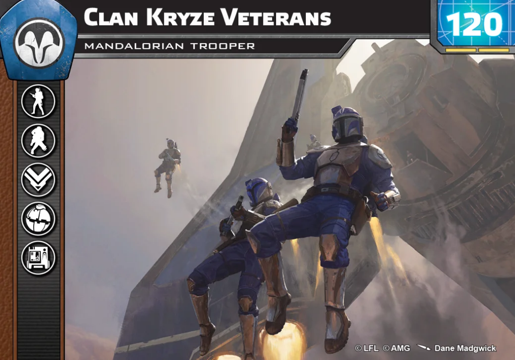 Cover art showing blue-armored Mandalorian troopers leaping from a ship, with 'Clan Kryze Veterans' and 'Mandalorian Trooper' text above.