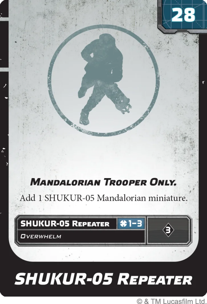 Card reading 'Mandalorian Trooper Only' with a silhouetted Mandalorian inside a circle; instruction to add 1 SHUKUR-05 Mandalorian miniature.