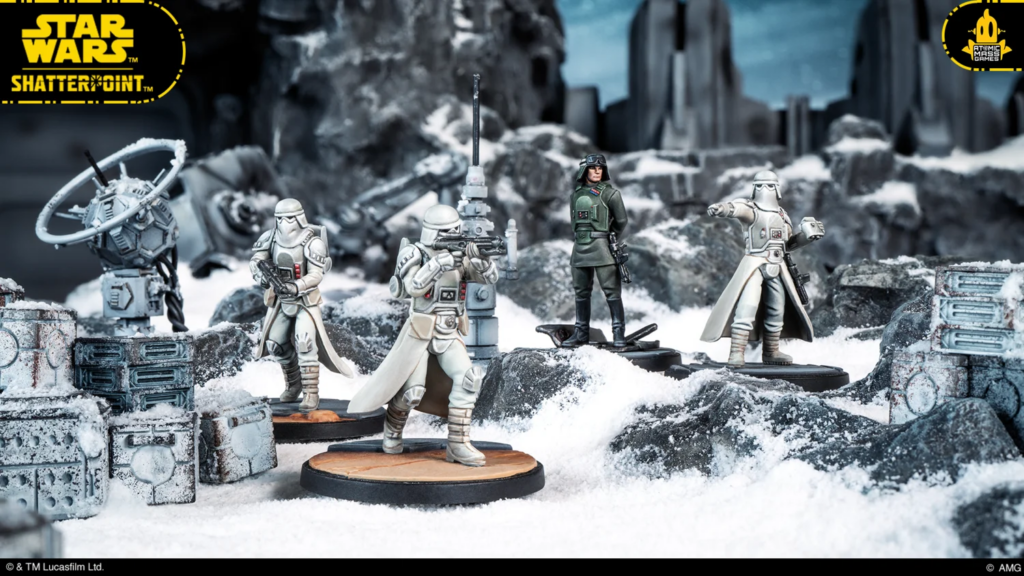 Star Wars Shatterpoint battle scene with snowtroopers and a green-clad officer standing on icy ruins.
