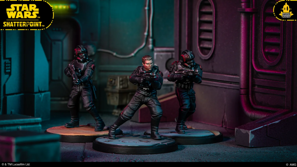Three Star Wars Shatterpoint action figures in black armor pose with blasters in a neon-lit sci-fi corridor.