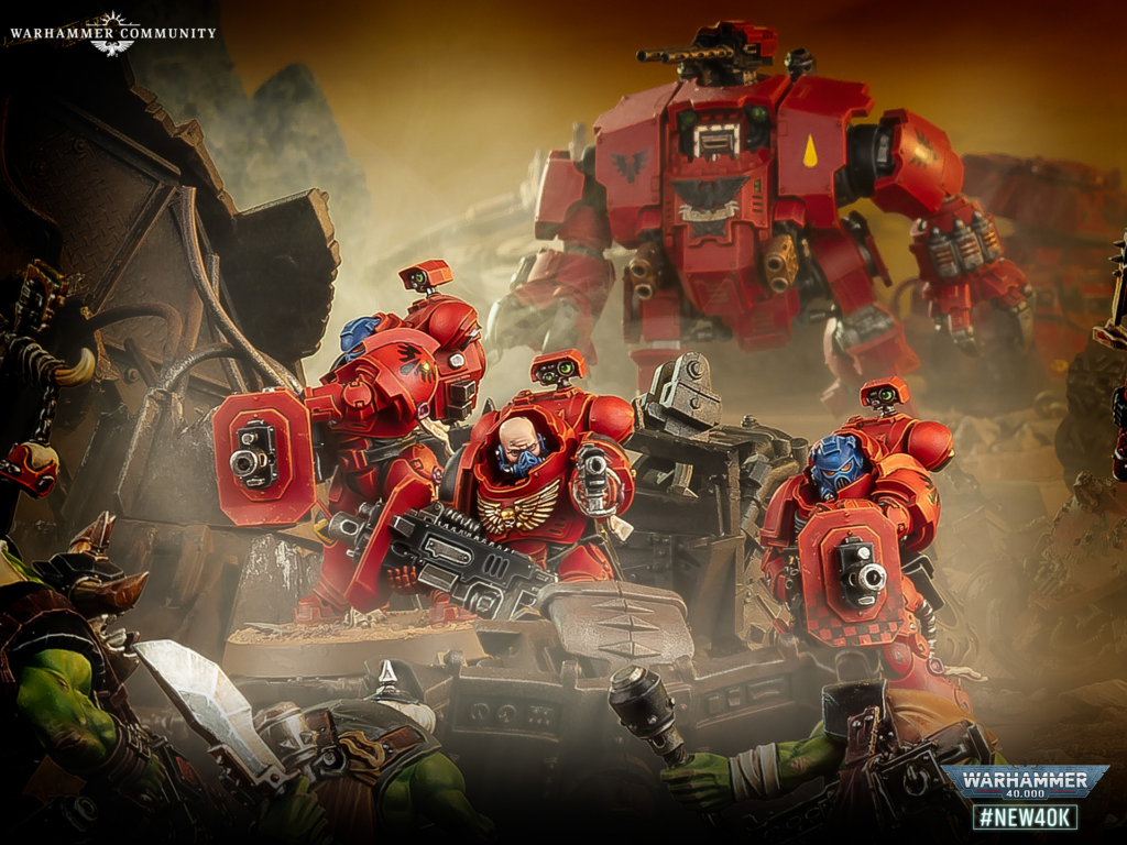 Red armoured Space Marines battle green orks amid rubble, a towering red mech looming in the background, dust and explosions.