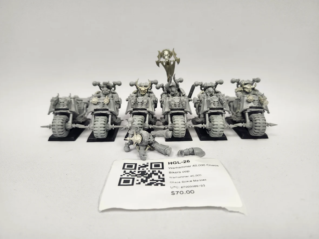 image Frontline Gaming Several gray Warhammer Chaos Space Marines biker miniatures arranged in a row on bases, with a price tag and QR code in the foreground.