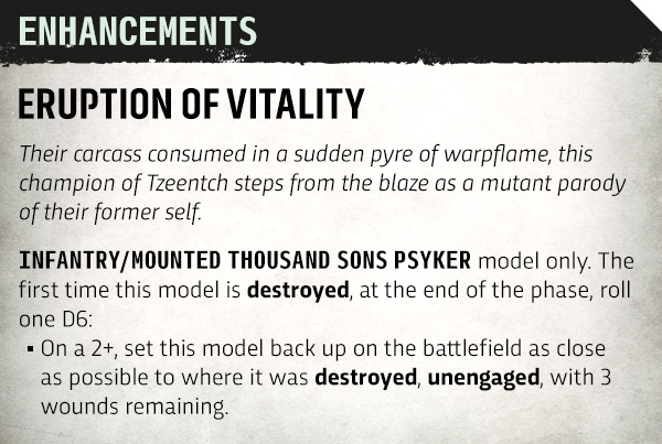 image Frontline Gaming Infographic slide titled 'Enhancements: Eruption of Vitality' about a Thousand Sons Psyker rule, including destruction and wound details for a 2+ and D6 roll.