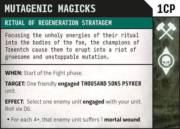 image Frontline Gaming Mutagenic Magicks card: Ritual of Regeneration Stratagem with battle instructions and effect details (When, Target, Effect).