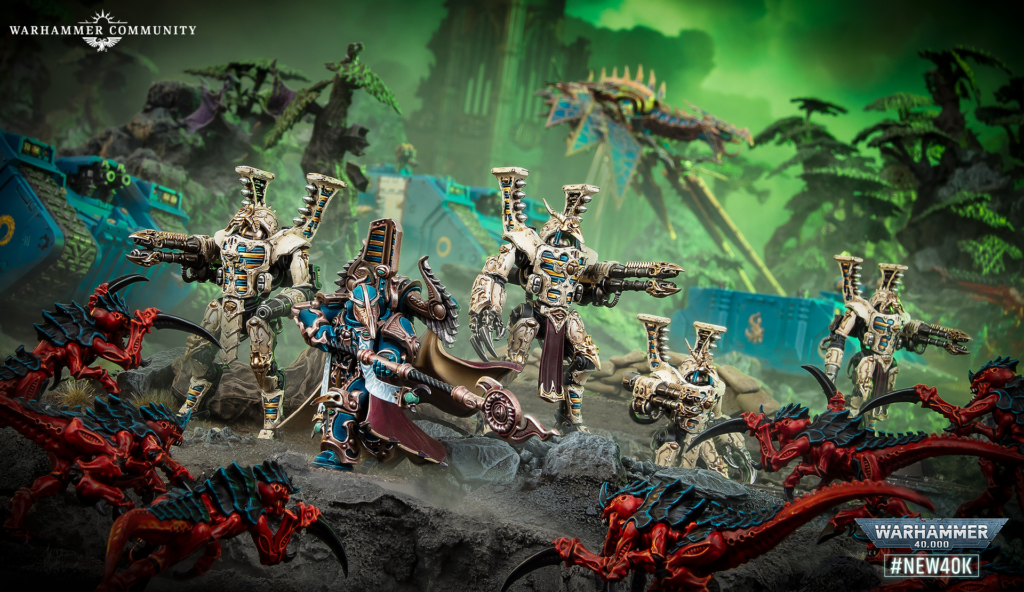 image Frontline Gaming Group of Warhammer 40,000 miniatures clash on a rocky battlefield as ornate space marines fire at red Tyranid creatures, with a neon-green sci‑fi backdrop.