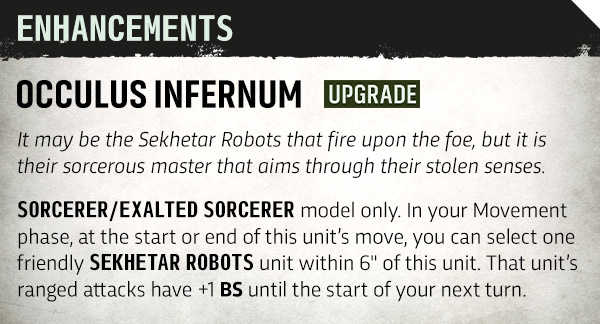 image Frontline Gaming Banner: 'Enhancements' for 'Occulus Infernum' upgrade, with flavor text about sorcery and stolen senses among Seketar robots.