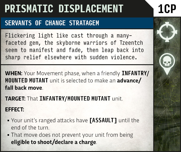 image Frontline Gaming Strategy game card titled 'Prismatic Displacement' detailing the Servants of Change Stratagem and its WHEN/TARGET/EFFECT text.