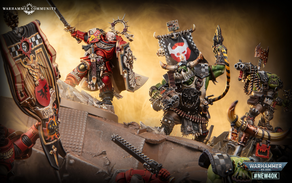 image Frontline Gaming Warhammer 40,000 battlefield diorama with red-armored Space Marines clashing with orc-like foes amid rubble; Warhammer Community logo top left and #NEW40K watermark bottom right