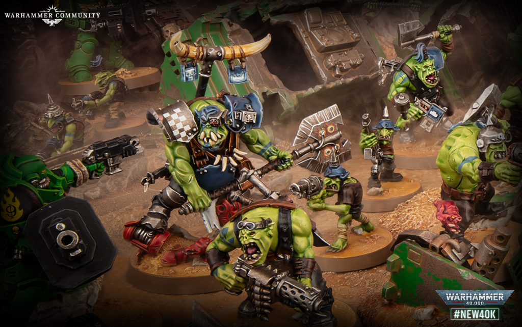 image Frontline Gaming Orc miniatures clash in a dusty ruined battlefield with weapons and armor; Warhammer 40K scene.