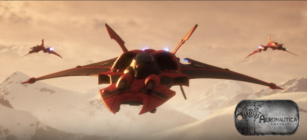 Red futuristic fighter jet flies low over snow-covered mountains, with two smaller craft in the distance and a weathered 'AERONAUTICA IMPERIALIS' emblem in the lower-right corner.