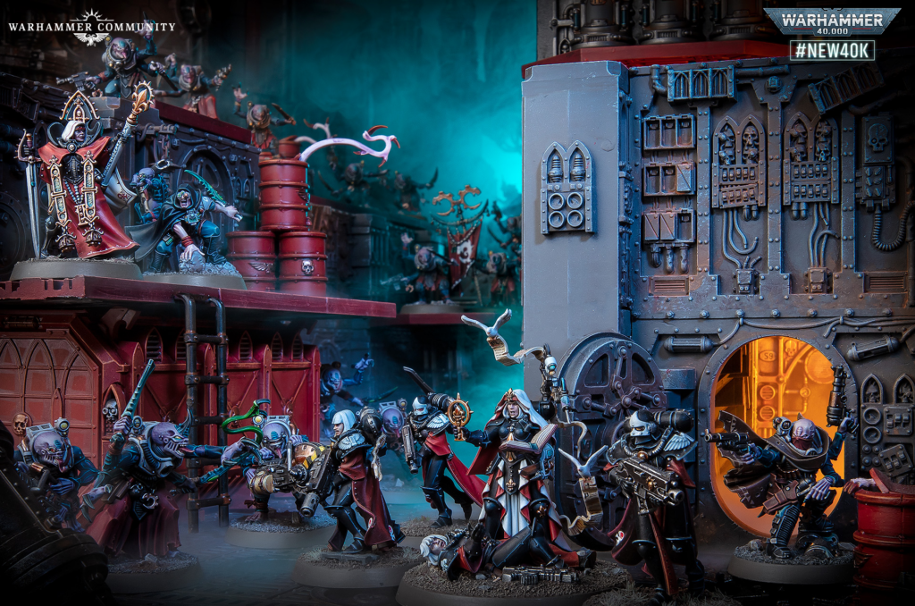 Warhammer miniature battle scene with red-cloaked leaders and skeletal warriors clashing on a detailed fortress diorama, blue-green glow in the background.
