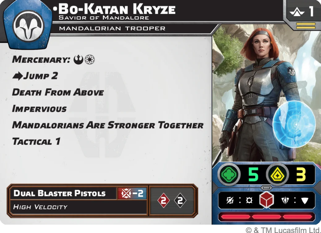 Bo-Katan Kryze Mandalorian trooper profile in a game UI. Left panel lists abilities: Mercenary, Jump 2, Death From Above, Impervious, Mandalorians Are Stronger Together, Tactical 1; bottom shows Dual Blaster Pistols and High Velocity. Right side features Bo-Katan in blue armor holding a glowing shield, with status indicators showing 5 and 3 and various action icons.
