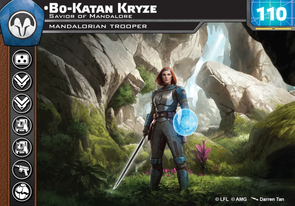 Bo-Katan Kryze, Mandalorian trooper, stands in a rocky canyon wielding a glowing blue shield and sword. UI elements flank the image left and top edges.