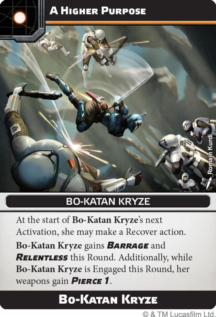 Trading card of Bo-Katan Kryze in combat with clone troopers, titled A Higher Purpose.