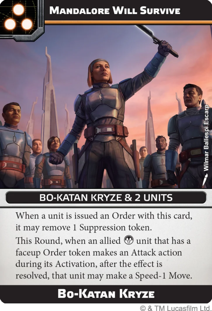 Game card: armored soldiers with a female commander raising a baton; title 'Mandalore Will Survive', unit 'Bo-Katan Kryze & 2 Units'