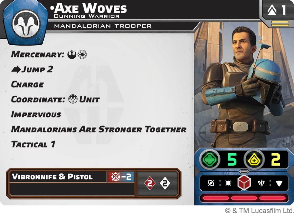 In-game character card for a Mandalorian Trooper; left side lists abilities (Mercenary, Jump 2, Charge, Coordinate: Unit, Impervious, Mandalorians Are Stronger Together, Tactical 1) and a Vibroknife & Pistol with counters, while the right shows a seated armored figure holding a helmet with stat chips (5 and 2) at the bottom.
