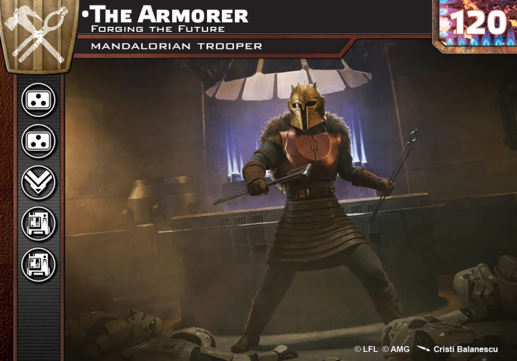 Character card: The Armorer, a Mandalorian trooper in gold helmet and brown armor, standing with weapons in a forge-like workshop.