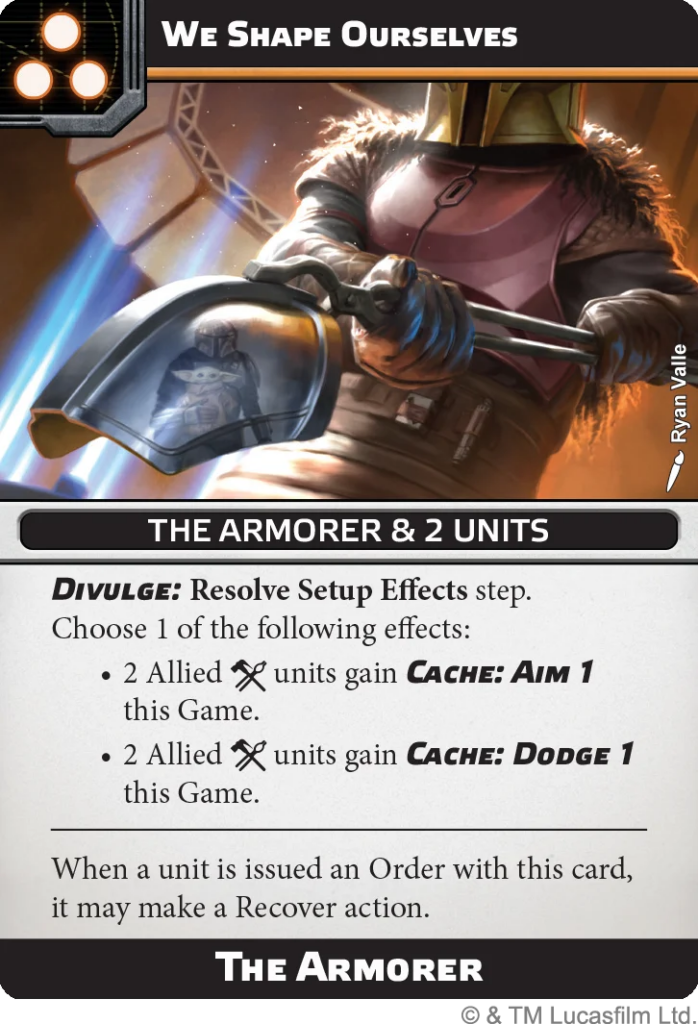 Armored warrior in a helmet wields a weapon in a sci-fi scene, with a 'We Shape Ourselves' banner above and 'The Armorer & 2 Units' card title below.