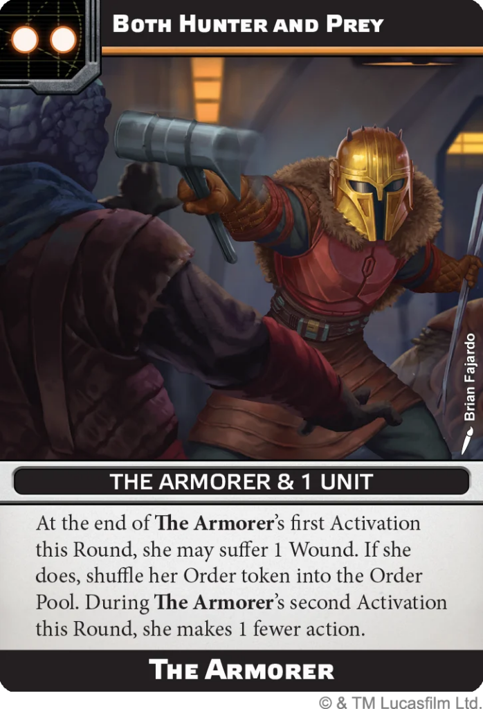 Card art titled 'The Armorer & 1 Unit': armored fighter in a gold helmet lunges with a large hammer at a foe in a dark hall.