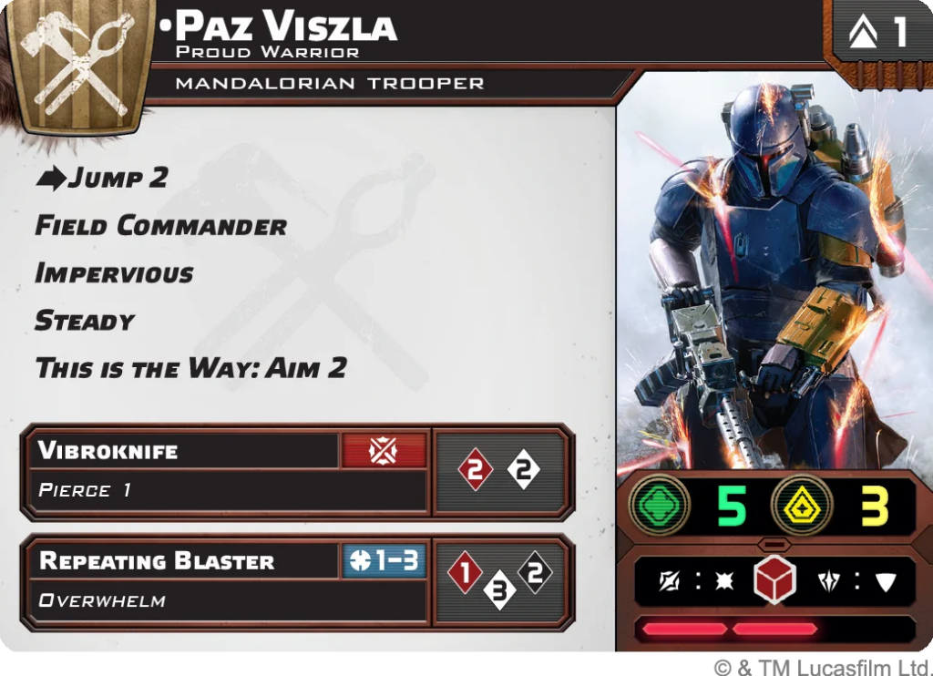 Character card for Paz Vizsla, a Mandalorian trooper, displaying abilities (Jump 2, Field Commander, Impervious, Steady, This is the Way: Aim 2) and weapon stats (Vibroknife, Repeating Blaster) with a helmeted figure on the right side.