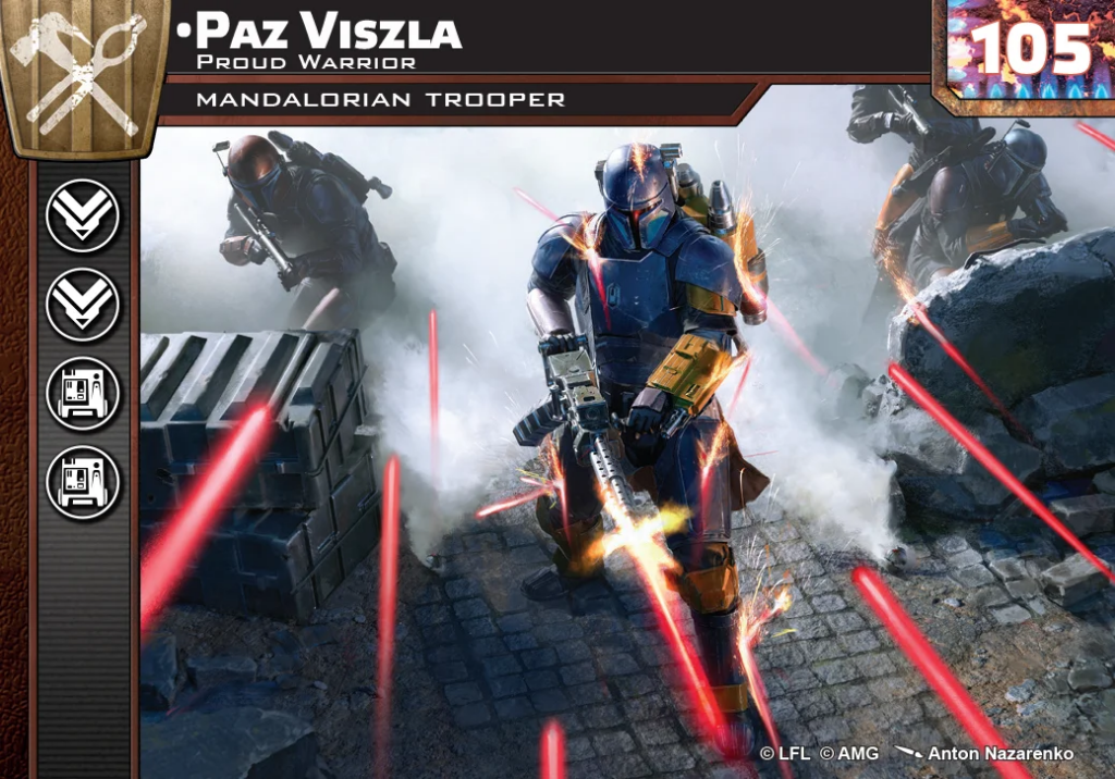 Mandalorian trooper in blue armor advances through smoke, firing a rifle with red laser bolts.