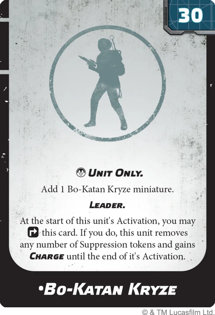Card for Bo-Katan Kryze unit (Leader) featuring a silhouette within a circle and activation text about removing suppression tokens and gaining Charge until activation ends.