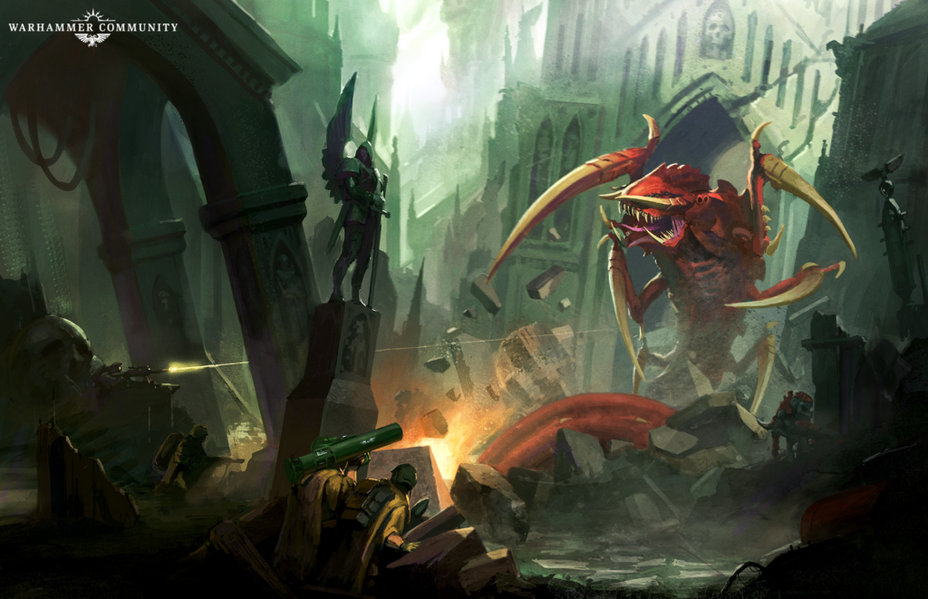 Gothic ruin battle scene: a large red monster with claws faces armed soldiers amid flying debris and green-lit ruins, Warhammer Community logo visible in the corner
