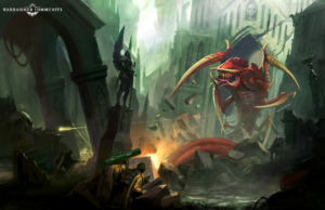 Gothic ruin battle scene: a large red monster with claws faces armed soldiers amid flying debris and green-lit ruins, Warhammer Community logo visible in the corner