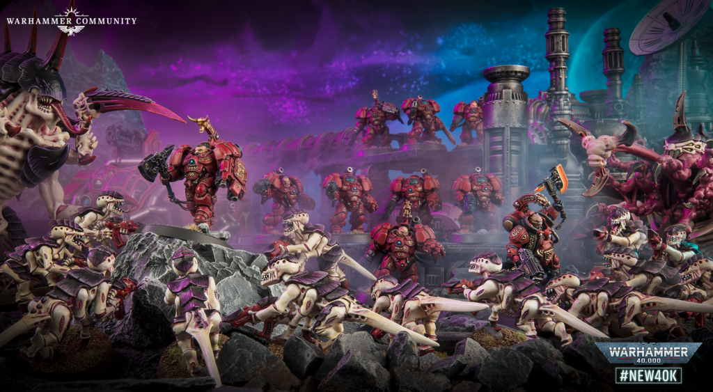 Warhammer 40,000 battle scene with crimson Space Marines fighting Tyranids on a ruined rocky battlefield; Warhammer logo in corner.