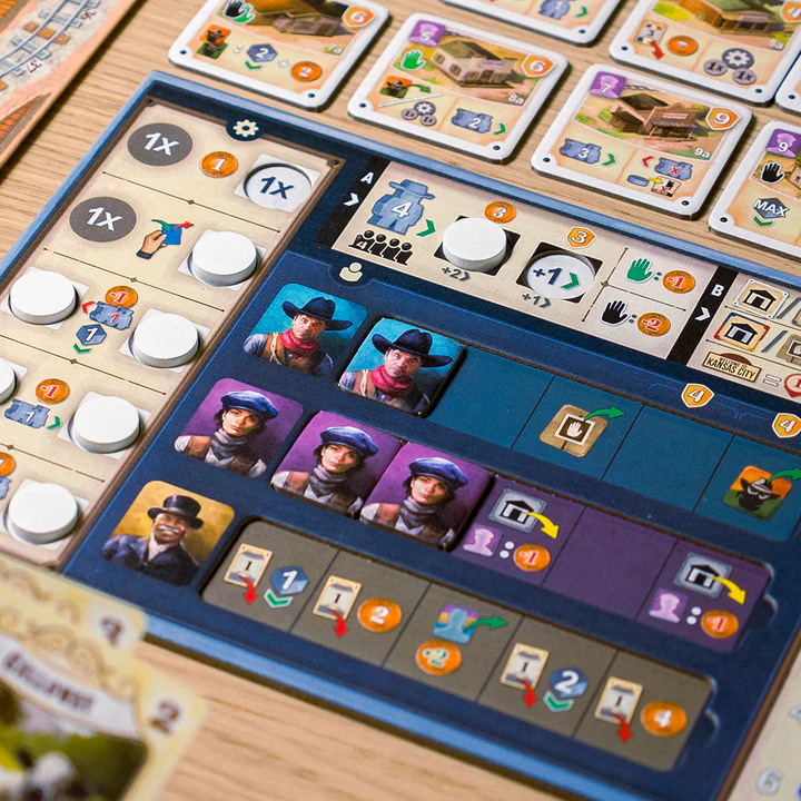 image Frontline Gaming Tabletop board game setup with multiple player boards, character tiles, and small tokens on a wooden table.