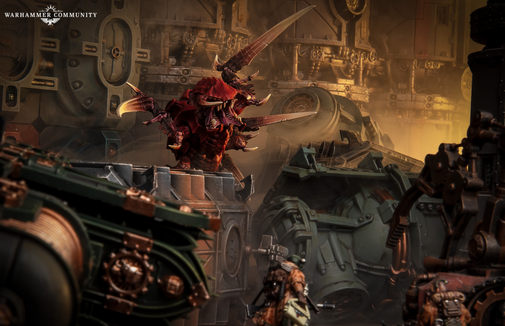 Red demon-like warrior with oversized horns and twin blades charges through a smoky, steampunk industrial battleground filled with gears and armored machinery.