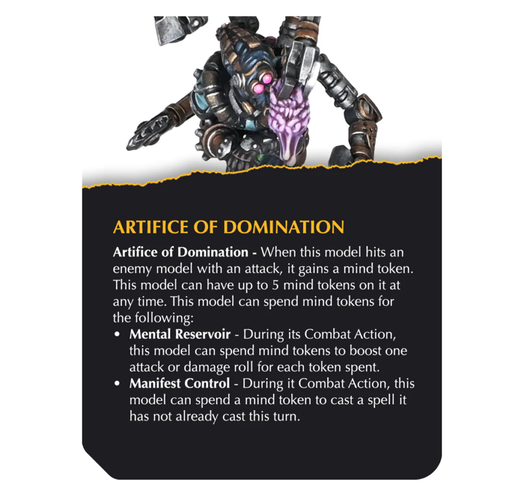 Card front titled 'Artifact of Domination' with a menacing armored creature emerging over a torn edge, and descriptive text about its abilities on a dark panel.