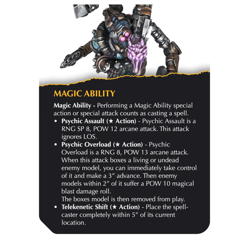 Game card labeled 'Magic Ability' with a monster illustration and bullet-point descriptions of Psychic Assault, Psychic Overload, and Telekinetic Shift.