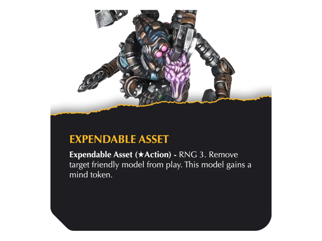 Trading card image: 'Expendable Asset' featuring a armored, multi-limbed creature with a purple, brain-like head against a torn-yellow edge on a dark panel.