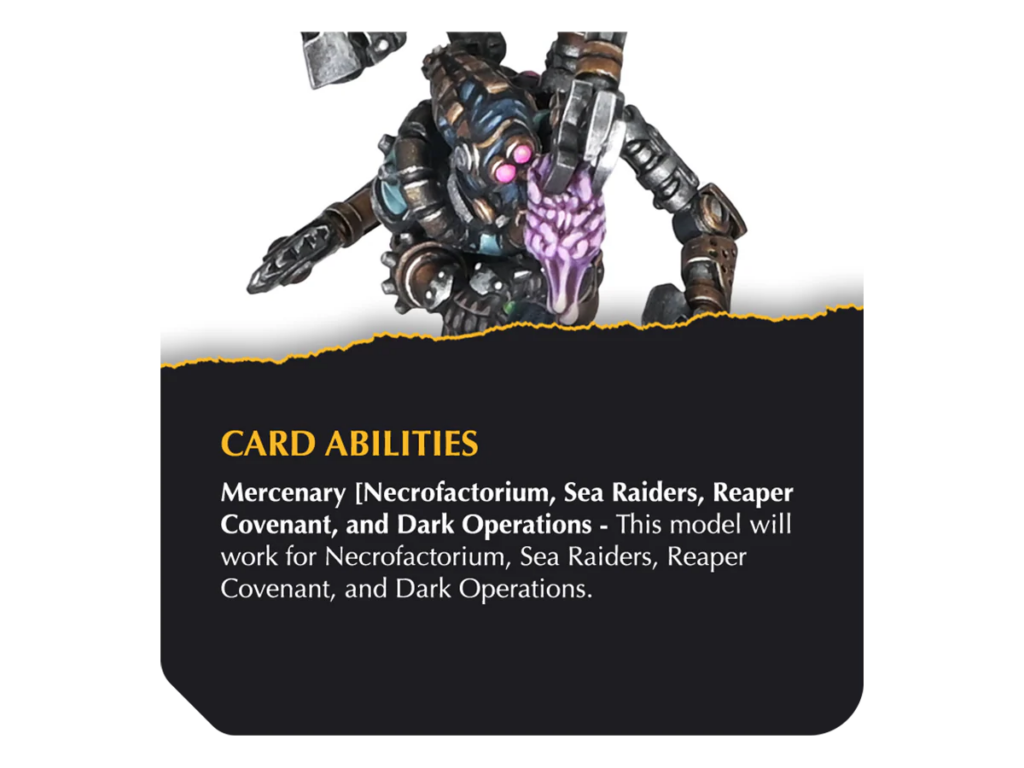 Card showing a robotic monster above a torn edge, with the heading 'CARD ABILITIES' and Mercenary ability text.