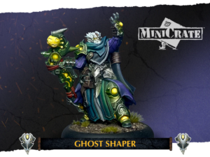 Painted fantasy miniature of a wizard-like figure wielding a glowing staff, titled 'Ghost Shaper' from MiniCrate on a textured base with banner text below.