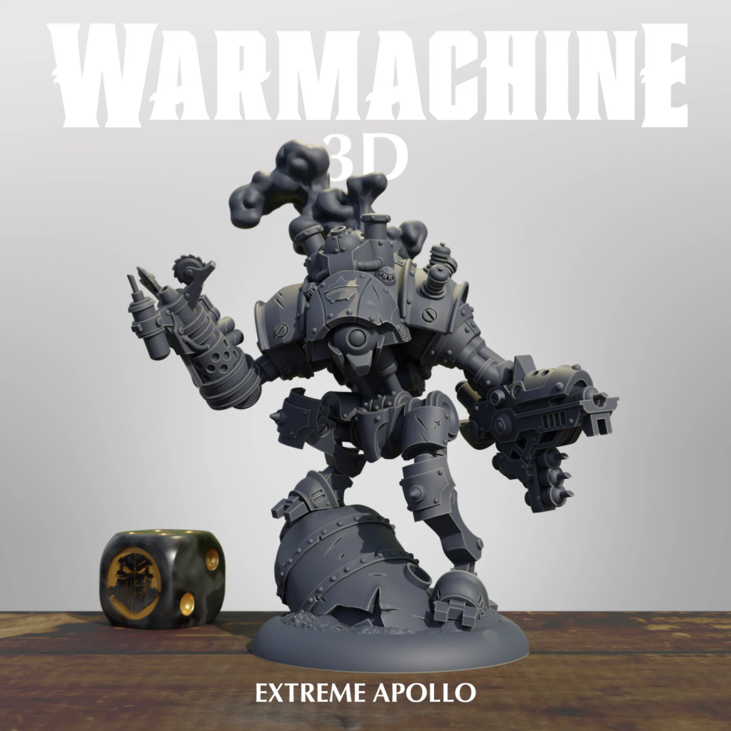 Large gray mechanical war machine model on a wooden floor, with the text 'EXTREME APOLLO' at the bottom.