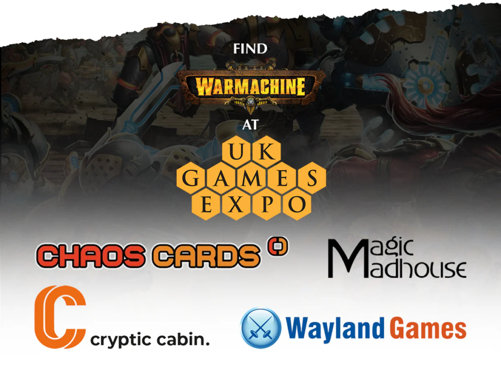 Promotional banner for WarMachine at the UK Games Expo with partner logos.