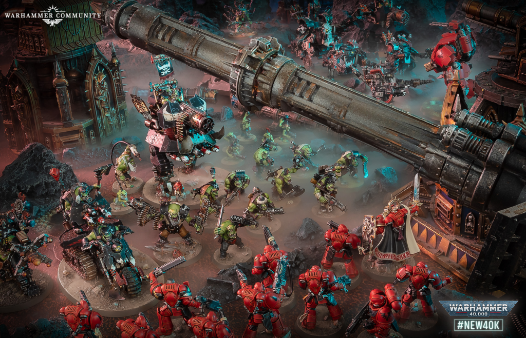 image Frontline Gaming Warhammer 40,000 battle diorama with red Space Marines clashing with green Orks amid a ruined fortress and huge siege gun, product-style scene.