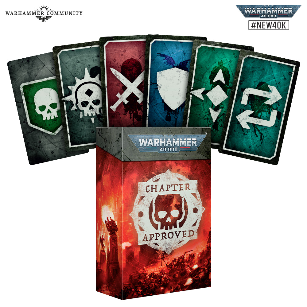 image Frontline Gaming Warhammer 40,000: Chapter Approved box with a fan of six colorful cards showing faction icons (skull, shield, X, arrows) above it.