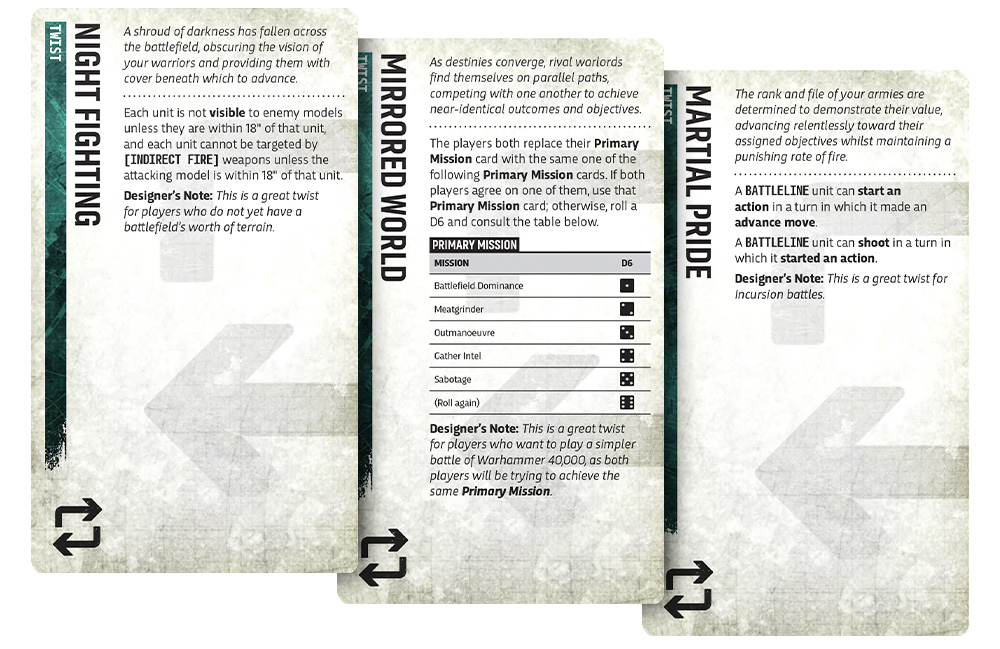 image Frontline Gaming Three overlapping game cards from a tabletop wargame, titled Night Fighting, Mirrored World, and Martial Pride, showing rule text and symbols.