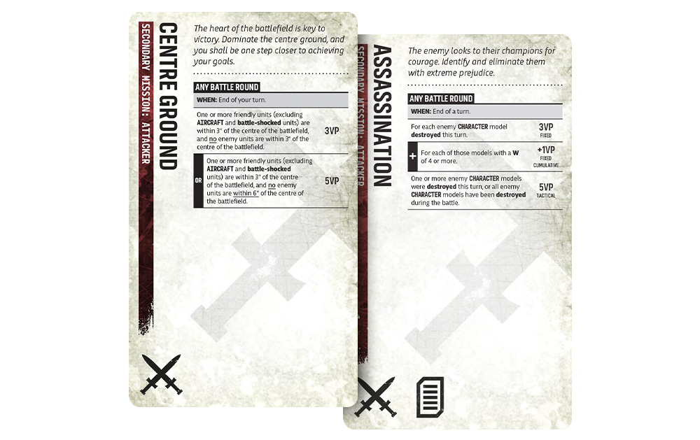 image Frontline Gaming Two overlapping, weathered battle cards labeled Centre Ground and Assassination, with small swords icon at bottom left and a document icon at bottom right.