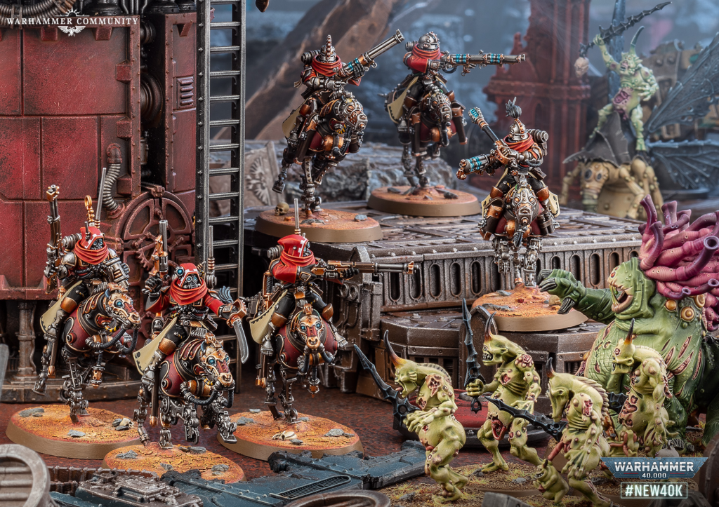 image Frontline Gaming Tabletop Warhammer scene: heavily armored riders on skeletal horses firing rifles at green monsters amid rusted industrial ruins.