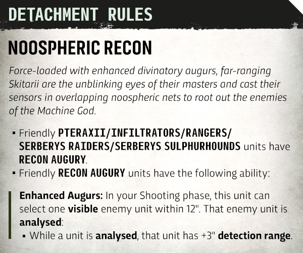 image Frontline Gaming Rule sheet titled 'Detachment Rules: Noospheric Recon' outlining enhanced augur-based recon units and their abilities in a tabletop game.