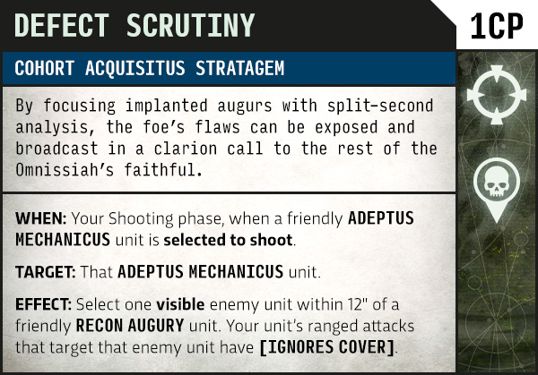 image Frontline Gaming Infocard titled Defect Scrutiny: Cohort Acquitus Stratagem showing WHEN, TARGET, and EFFECT sections of a unit shooting rule, with decorative icons on the right edge.