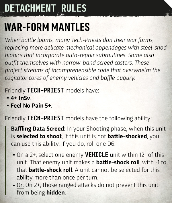 image Frontline Gaming Rule page titled 'Detachment Rules' for 'War-Form Mantles'; describes Tech-Priest units and special abilities, including 4+ Invulnerable save, Feel No Pain 5+, and the 'Baffling Data Screed' ability about shooting, battle-shocked status, and related rolls.