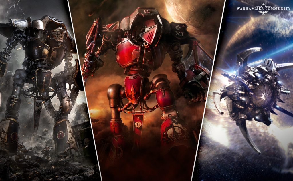 image Frontline Gaming Three-panel Warhammer battle scene: a black/steel knight on the left, a red armored titan in the center, and a space-combat craft on the right, with 'Warhammer Community' logo top-right (banner image)