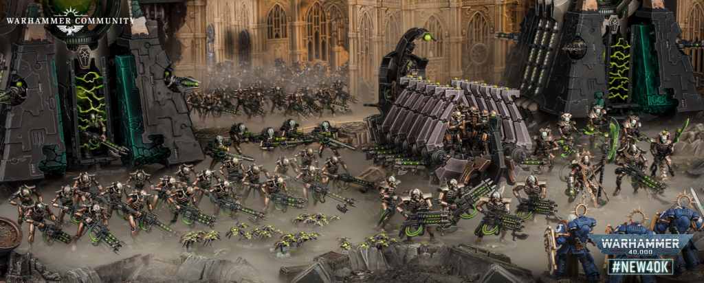 Massive Warhammer 40,000 battle scene in a ruined fortress, with Necron warriors and colossal war machines clashing on dust-filled ground.